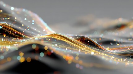 Abstract flowing lines with glowing particles and bokeh effect.