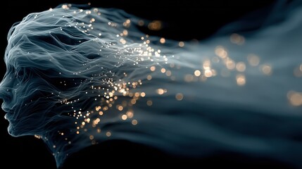 Abstract Human Head Silhouette with Glowing Particles and Flowing Energy.