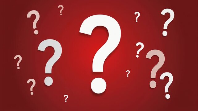 Minimalist graphic of multiple white question marks scattered across a solid red background. Clean and bold composition suitable for concepts of confusion, FAQs, uncertainty, problem solving, quizzes,