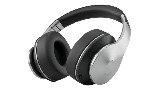 Modern black and silver overear wireless headphone isolated on transparent background
