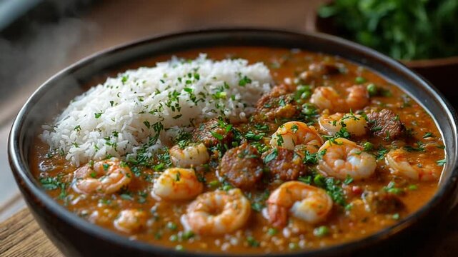 Delicious shrimp and sausage gumbo served with rice