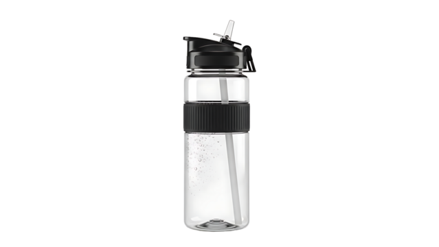 Clear plastic water bottle with black lid and grip isolated on transparent background