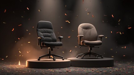Black Friday promotion scene with two ergonomic chairs arranged in a stylish display, featuring soft warm lighting, subtle festive accents, clean composition, and photorealistic high-detail rendering.