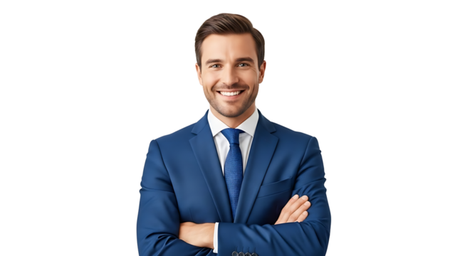 Smiling businessman in blue suit with arms crossed isolated on transparent background