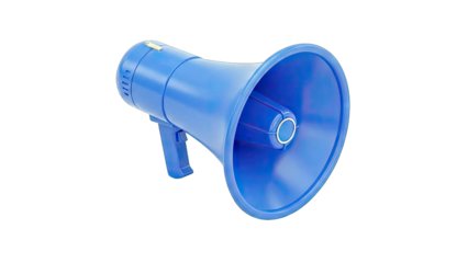 Bright Blue Megaphone Isolated on Transparent Background with Handle and Speaker Detail Promotional Device for Announcements and Communication