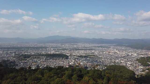 Aerial fly Kyoto city Japan, Urban landscape, Autumn Lookout at Daimonji Mount
