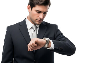 Businessman looking at his wristwatch isolated on transparent background