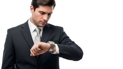 Businessman looking at his wristwatch isolated on transparent background