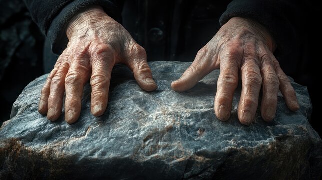 Elderly hands rest on rock, dark background; grief, age, strength