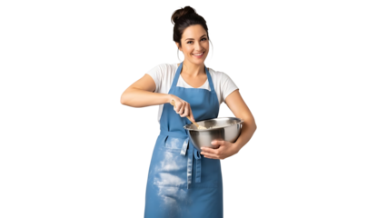 Smiling woman in apron mixing batter in stainless steel bowl isolated on transparent background