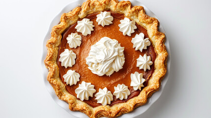 Overhead shot of a pumpkin pie with whipped cream isolated on white background