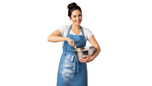Smiling woman in apron mixing batter in stainless steel bowl isolated on transparent background - Powered by Adobe