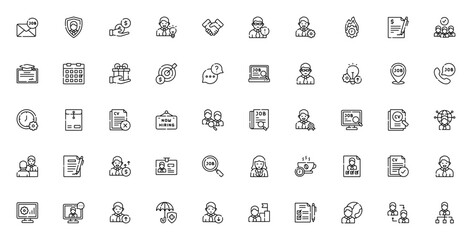 Employment icon set. Business vector icons pack. Incudes symbols for job, emplyee, salary, interview, hiing, contract, career, prootion, team, manager and mre. Editable stroke.