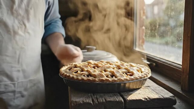 Freshly baked pie is placed on a rustic windowsill by a baker