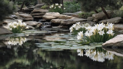Tranquil Garden Scene with White Lilies and Serene Water Reflection Amidst Stones and Lush Greenery