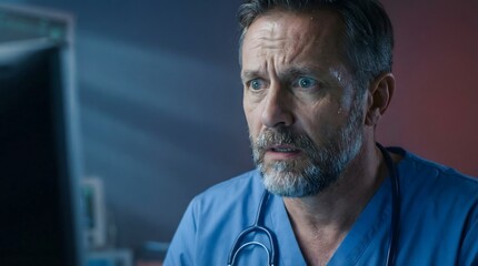 Close up portrait of a thoughtful male medical professional working late at a computer monitor in clinic