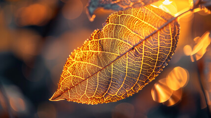 Closeup of a golden leaf with intricate veins illuminated by sunlight