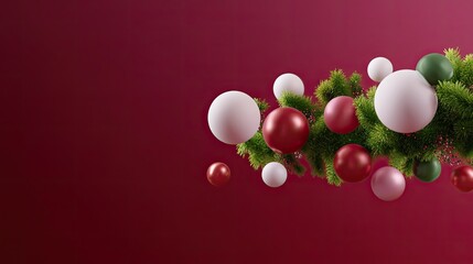 Christmas Decorations with Colorful Ornaments and Green Pine Branches on a Red Background for Holiday Celebration and Festive Atmosphere