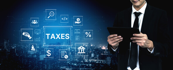 Concept of tax preparation and financial compliance. Filing official tax documents and forms for...