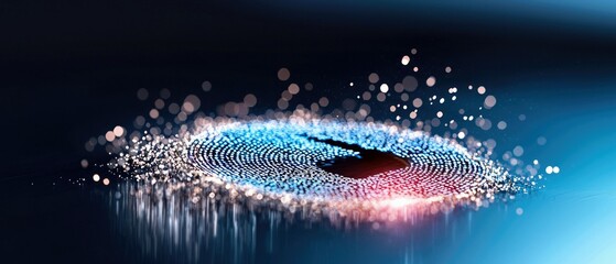 Fingerprint Scanning Process with Data Particles on Blue Background
