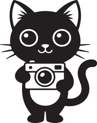 Black cartoon cat character holding a white vintage camera with big eyes black cat