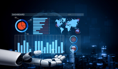 A futuristic robot hand showcases a digital data dashboard displaying various charts and a world map, symbolizing advanced analytics and technology. Impute