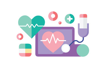 Medical equipment and heartbeat illustration for healthcare and medicine isolated on transparent background