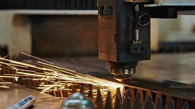 CNC Laser Machine Cutting Metal Sheet With Bright Sparks. Advanced Industrial Equipment, Automation Smart Factory Technology, Precision Engineering And Modern Production Solutions For Manufacturing 4k