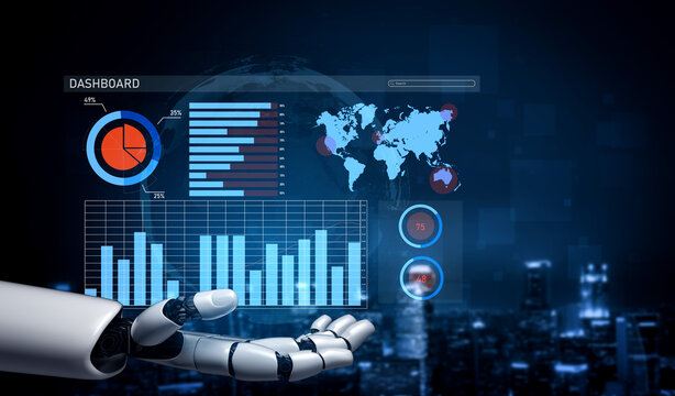 A futuristic robot hand showcases a digital data dashboard displaying various charts and a world map, symbolizing advanced analytics and technology. Impute