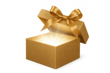 Golden gift box with lid opening, revealing glowing light, presenting surprise and magic on transparent background