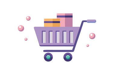 Purple shopping cart with boxes isolated on transparent background