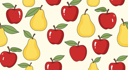 Obraz premium Seamless and cute background pattern of fresh red apples and yellow pears with green leaves, creating a healthy and sweet fruit design.