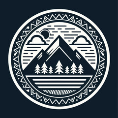 Stylized Mountain Landscape Emblem with Trees and Sun.