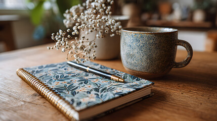 cozy desk scene featuring a stylish notebook dedicated to setting 2025 goals inspires motivation and organization. dreams and aspirations, it encourages productivity and personal growth