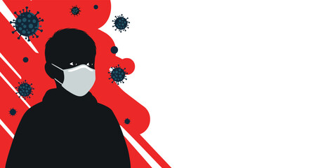 Coronavirus awareness banner with a silhouette of a person wearing a face mask against a red background with floating virus particles.