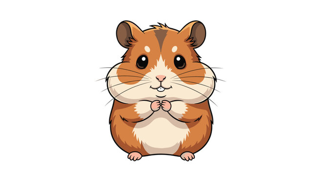 Extremely cute cartoon hamster with chubby cheeks and big eyes, smiling sweetly while holding its paws together on a white background.
