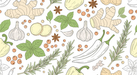 Seamless background pattern with beautifully hand-drawn herbs and spices including ginger, garlic, chili peppers, and fresh rosemary.