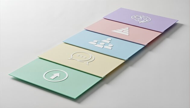 A sequence of five pastel-colored cards featuring embossed business strategy icons like hierarchy, communication, and growth.