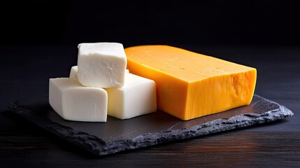 Fresh Cheese Varieties on Slate Board with Natural Lighting, Featuring Soft Creamy Cheese and Hard Yellow Cheese in Delicious Display