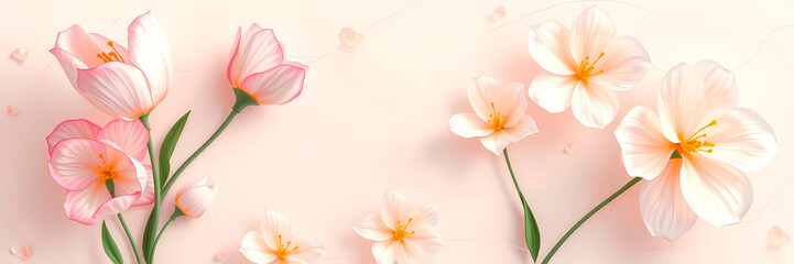 Obraz premium Spring banner with delicate flowers on a pastel background.