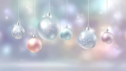 Obraz premium Elegant and Sparkling Christmas Ornaments Hanging Against a Soft Colorful Background with Subtle Bokeh Effect for Holiday Season Decor and Design Projects