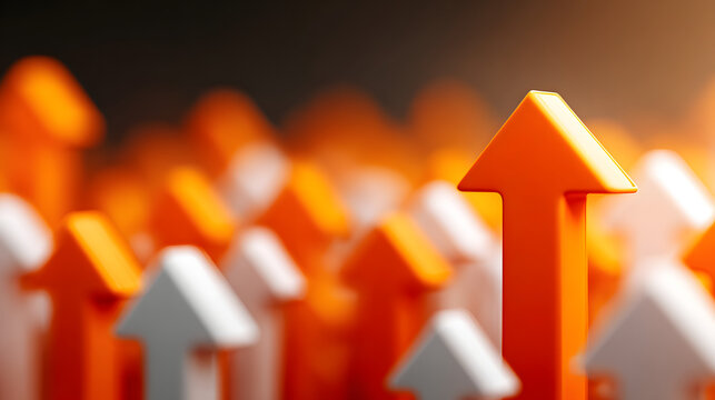 Orange arrows stand out amongst white arrows, symbolizing leadership and exceeding expectations in a business setting.