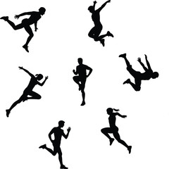 Running jumping silhouette, athletic motion icon, human movement vector, black sport figure, cad drawing flat vector illustration, dynamic pose design