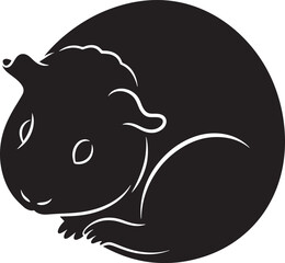Minimalist black guinea pig silhouette vector illustration. cute pet rodent curled up in a simple graphic emblem design, isolated.