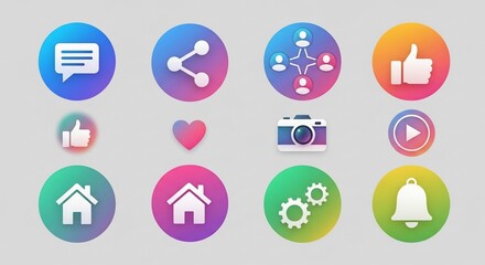 A vibrant collection of 3D social media and app interface icons on a light background, showcasing various digital functions.