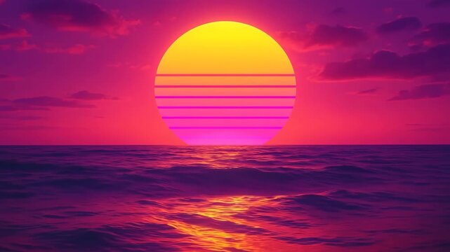 A huge stylized sun in vibrant yellow and pink sets over a calm ocean, casting neon reflections across the rolling waves beneath a dreamy purple and magenta sky with scattered clouds.
