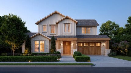 Modern suburban home exterior with warm lighting, lush greenery, and charming architectural details in the evening glow