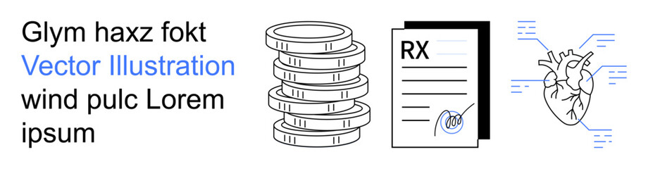 Healthcare, business, technology, diagnostics, medication, economy. Stack of coins, RX prescription paper and heart diagram with digital data points. Healthcare and business concept