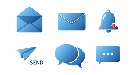 A collection of modern blue 3D icons representing digital communication, messages, and notifications on a white background.