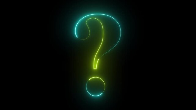 Glowing neon question mark icon on a black background. 4k animation video..
